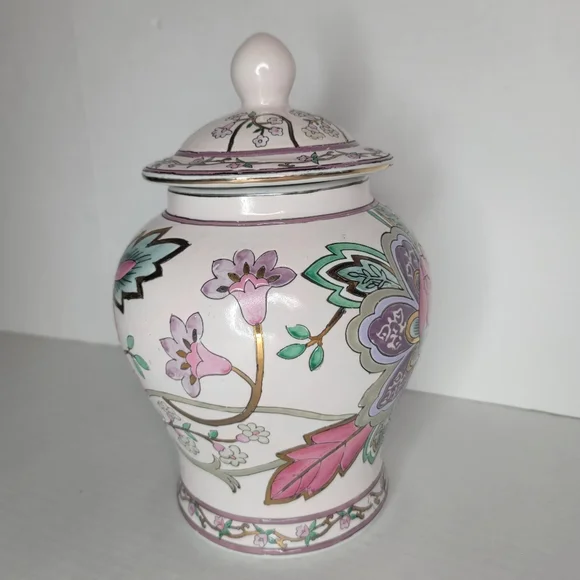 Floral porcelain ginger jar cookie jar vase decor with lid. 10 tall with lid.